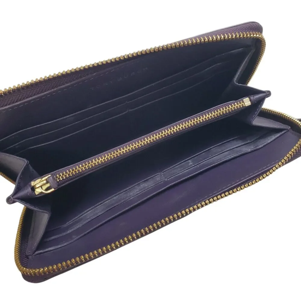 TORY BURCH Wallet Blue Pebble Leather Zip Around Envelope Gold Logo Boho
